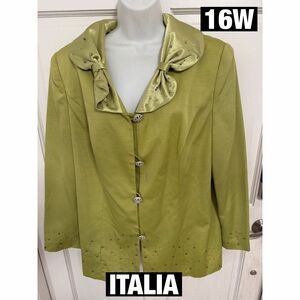Italina Women's Lime Green Blazer with Satin Collar Rhinestone Buttons 16W